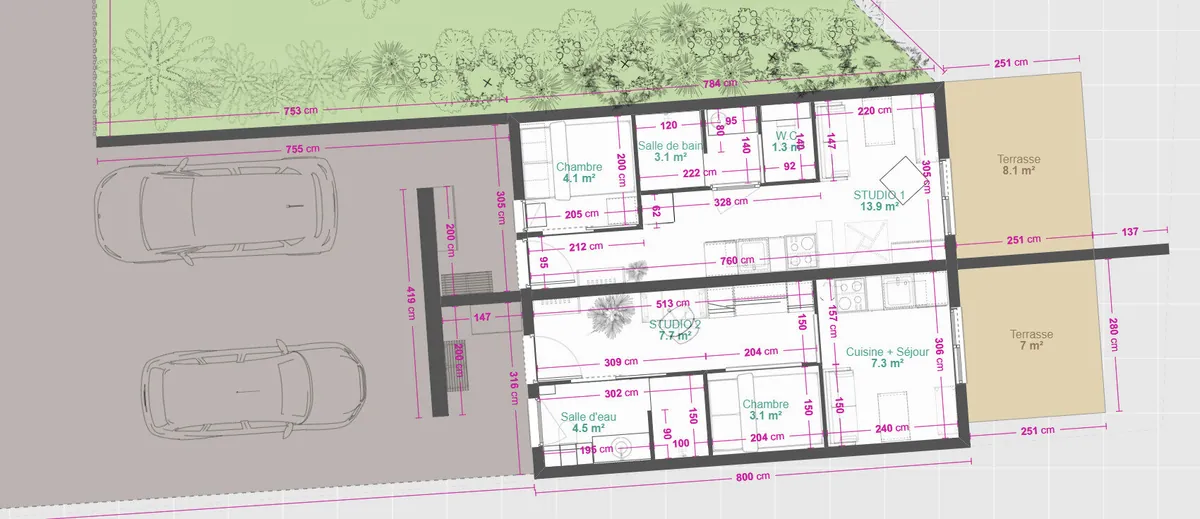 Un plan de bâtiment et de ses aménagements.