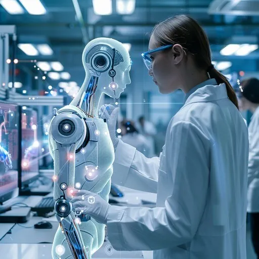 Une professionnelle examine un robot humanoïde.